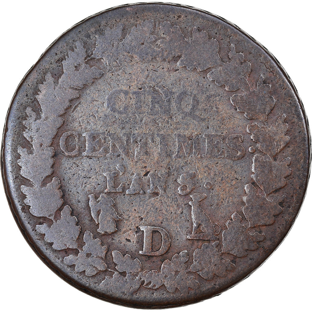 Moneta, Francia, Dupré, 5 Centimes, AN 8, Lyon, B, Bronzo, KM:640.5