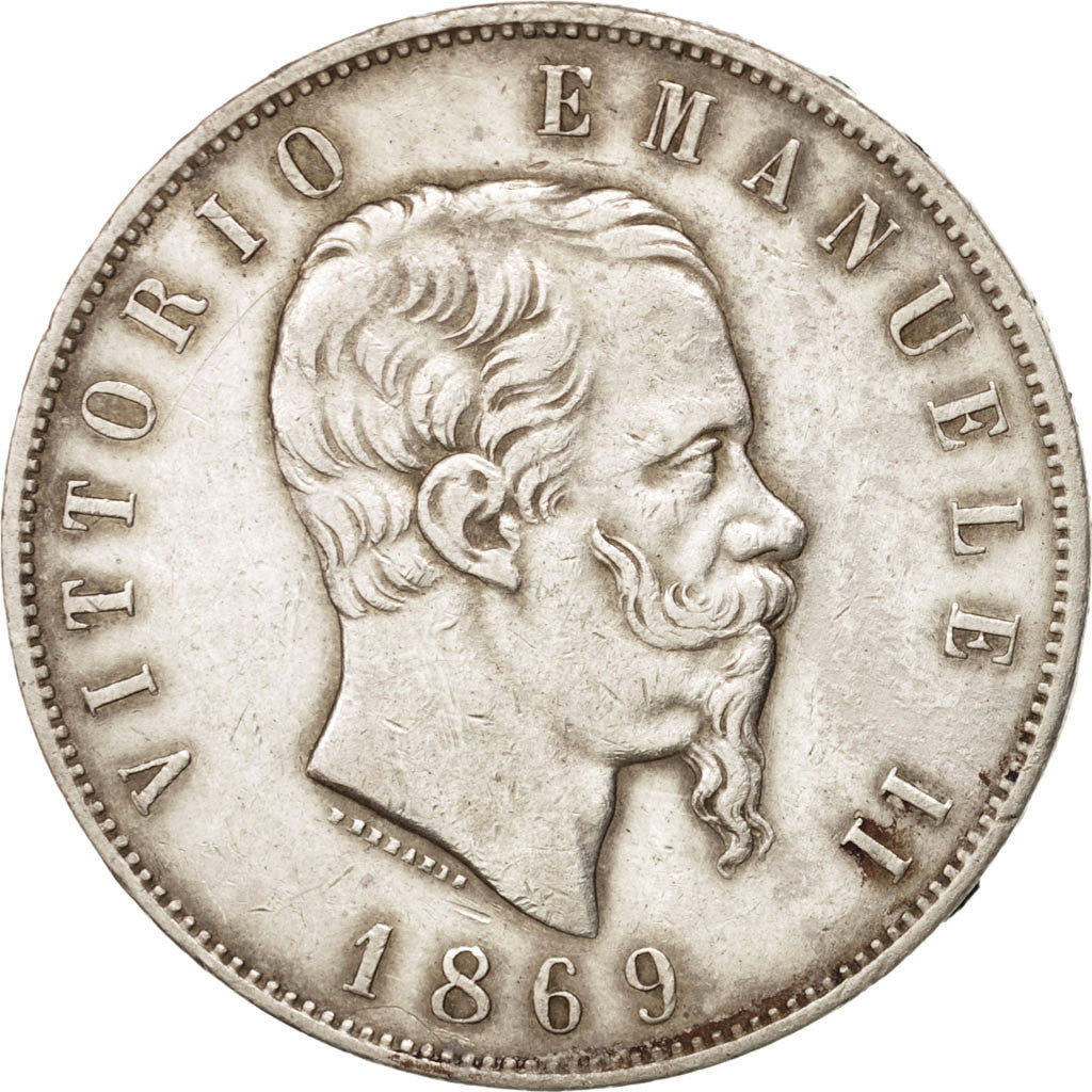ITALY, 5 Lire, 1869, Milan, KM #8.3, VF(30-35), Silver, 24.92