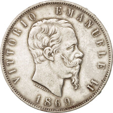 ITALY, 5 Lire, 1869, Milan, KM #8.3, VF(30-35), Silver, 24.92