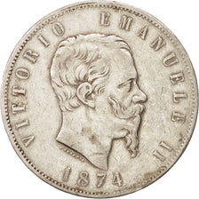 ITALY, 5 Lire, 1874, Milan, KM #8.3, VF(20-25), Silver, 24.89