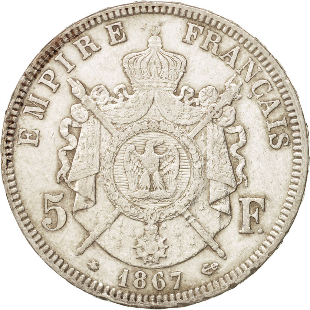 FRANCE, Napoléon III, 5 Francs, 1867, Paris, KM #799.1, EF(40-45), Silver, G...
