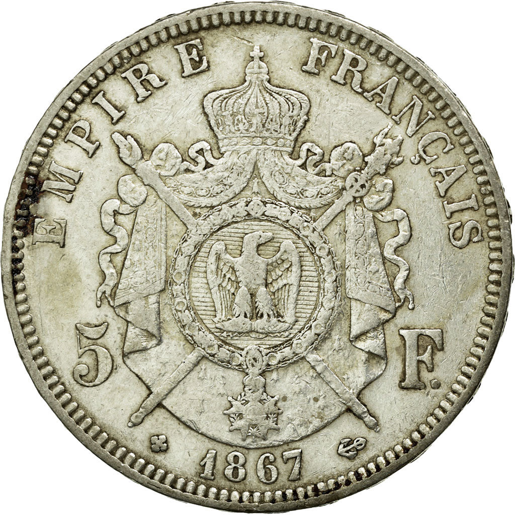 Moneta, Francia, Napoléon III, 5 Francs, 1867, Strasbourg, BB, Argento