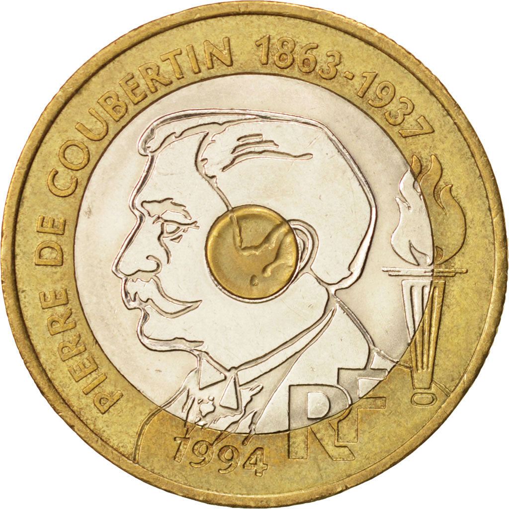 FRANCE, Pierre de Coubertin, 20 Francs, 1994, KM #1036, AU(50-53),...