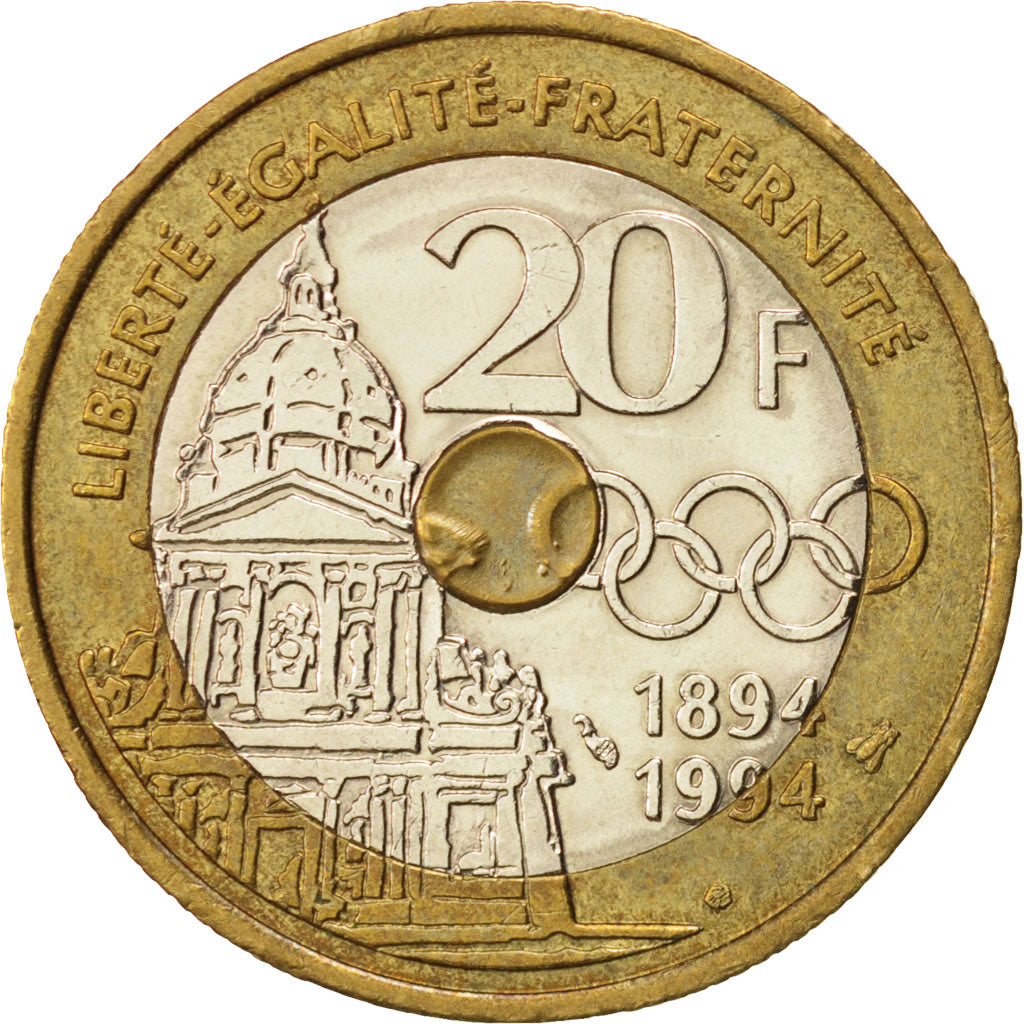 FRANCE, Pierre de Coubertin, 20 Francs, 1994, KM #1036, AU(50-53),...