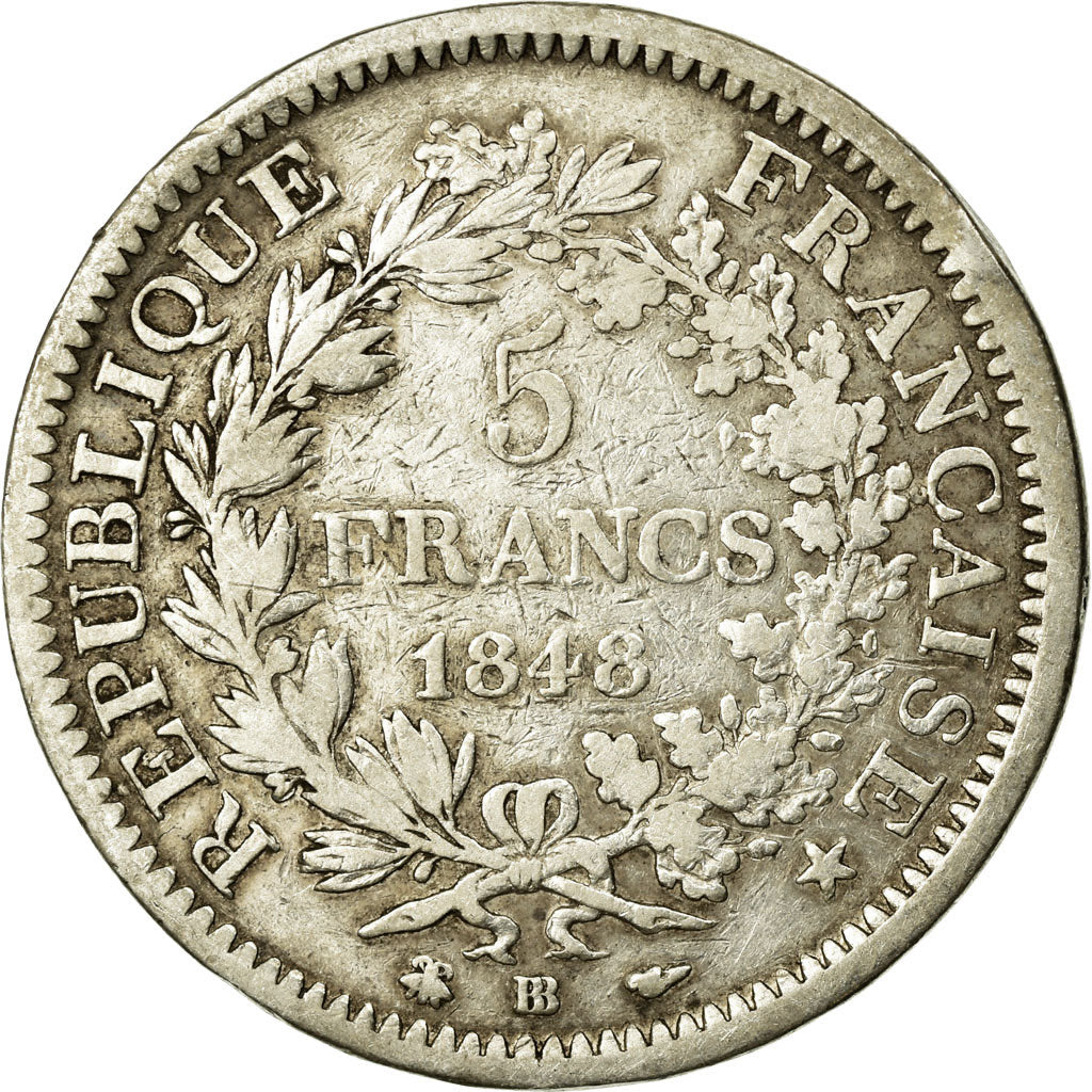 Moneta, Francia, Hercule, 5 Francs, 1848, Strasbourg, MB+, Argento, KM:756.2