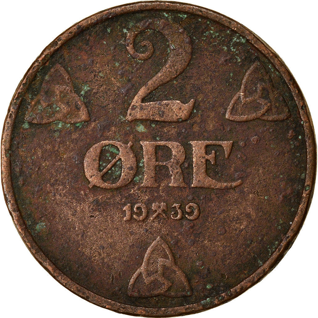 Munten, Noorwegen, Haakon VII, 2 Öre, 1939, FR+, Bronze, KM:371