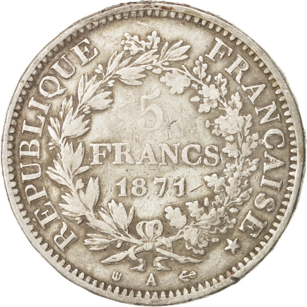 FRANCE, Hercule, 5 Francs, 1871, Paris, KM #823, VF(30-35), Silver, Gadoury...