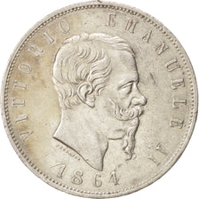 ITALY, 5 Lire, 1864, Naples, KM #8.2, AU(50-53), Silver, 25.01