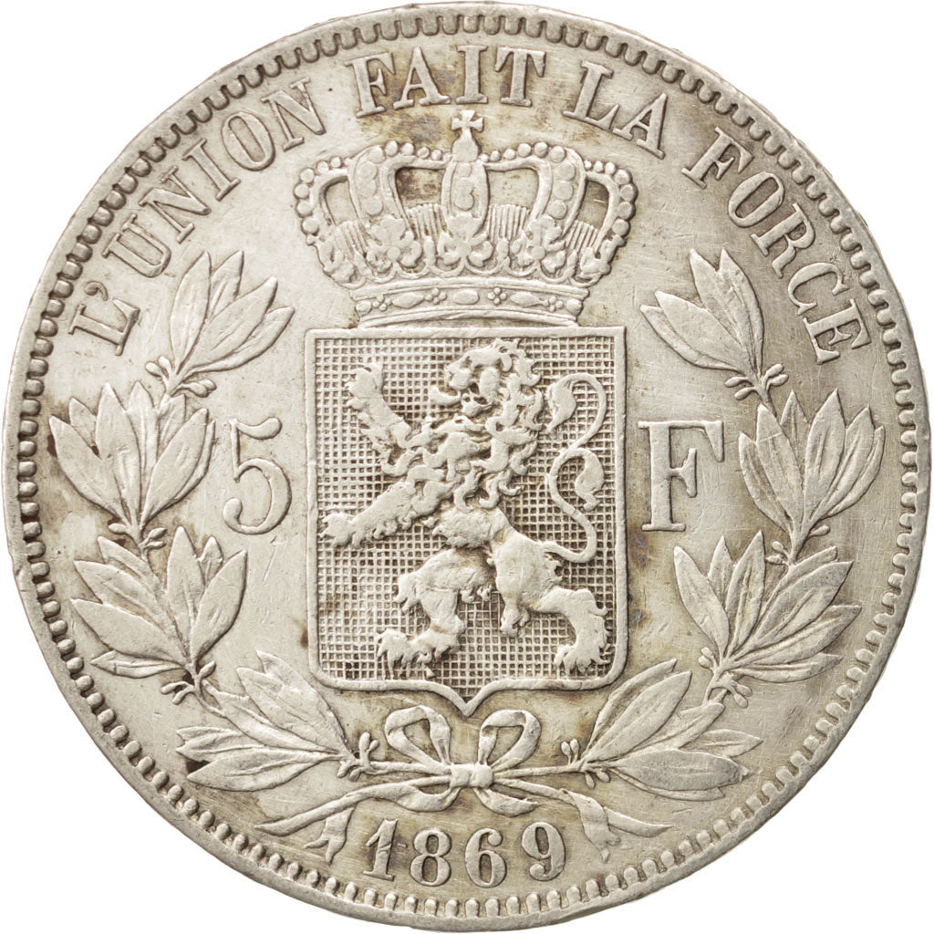 BELGIUM, 5 Francs, 5 Frank, 1869, KM #24, VF(30-35), Silver, 24.82