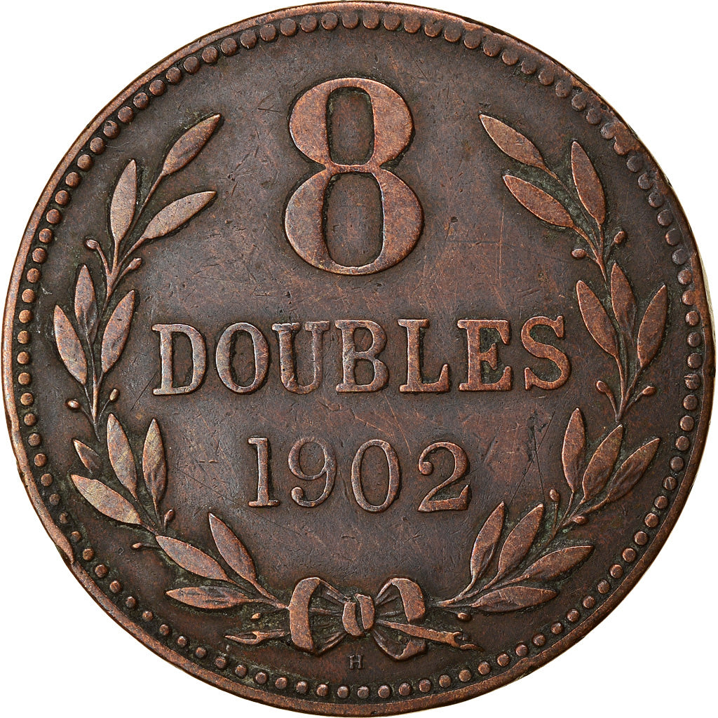 Moneta, Guernsey, 8 Doubles, 1902, Heaton, Birmingham, MB+, Bronzo, KM:7