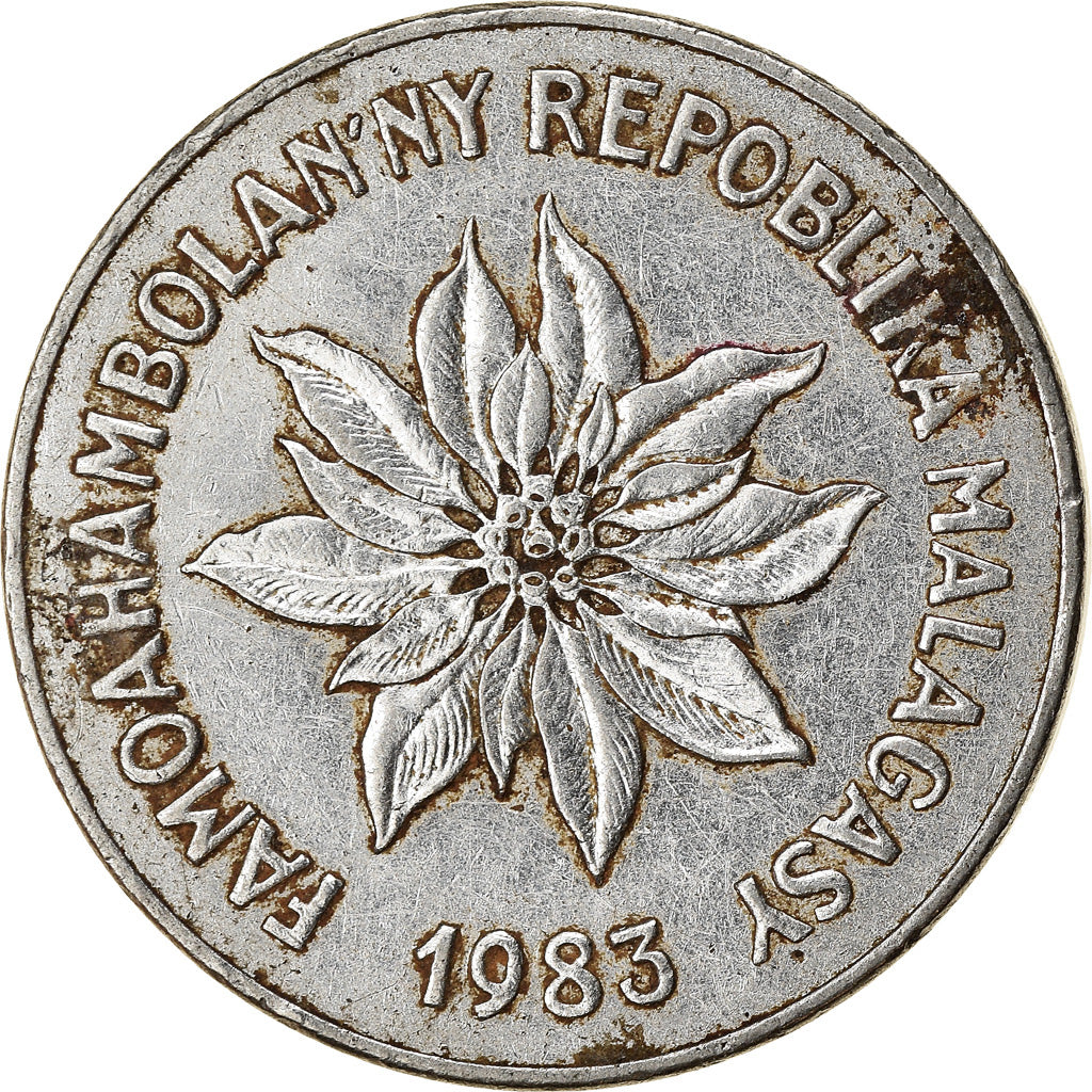 Moeda, Madagáscar, 5 Francs, Ariary, 1983, Paris, EF(40-45), Aço Inoxidável