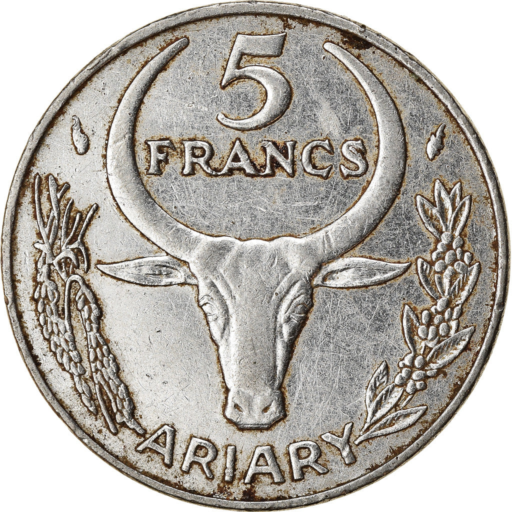 Moeda, Madagáscar, 5 Francs, Ariary, 1983, Paris, EF(40-45), Aço Inoxidável
