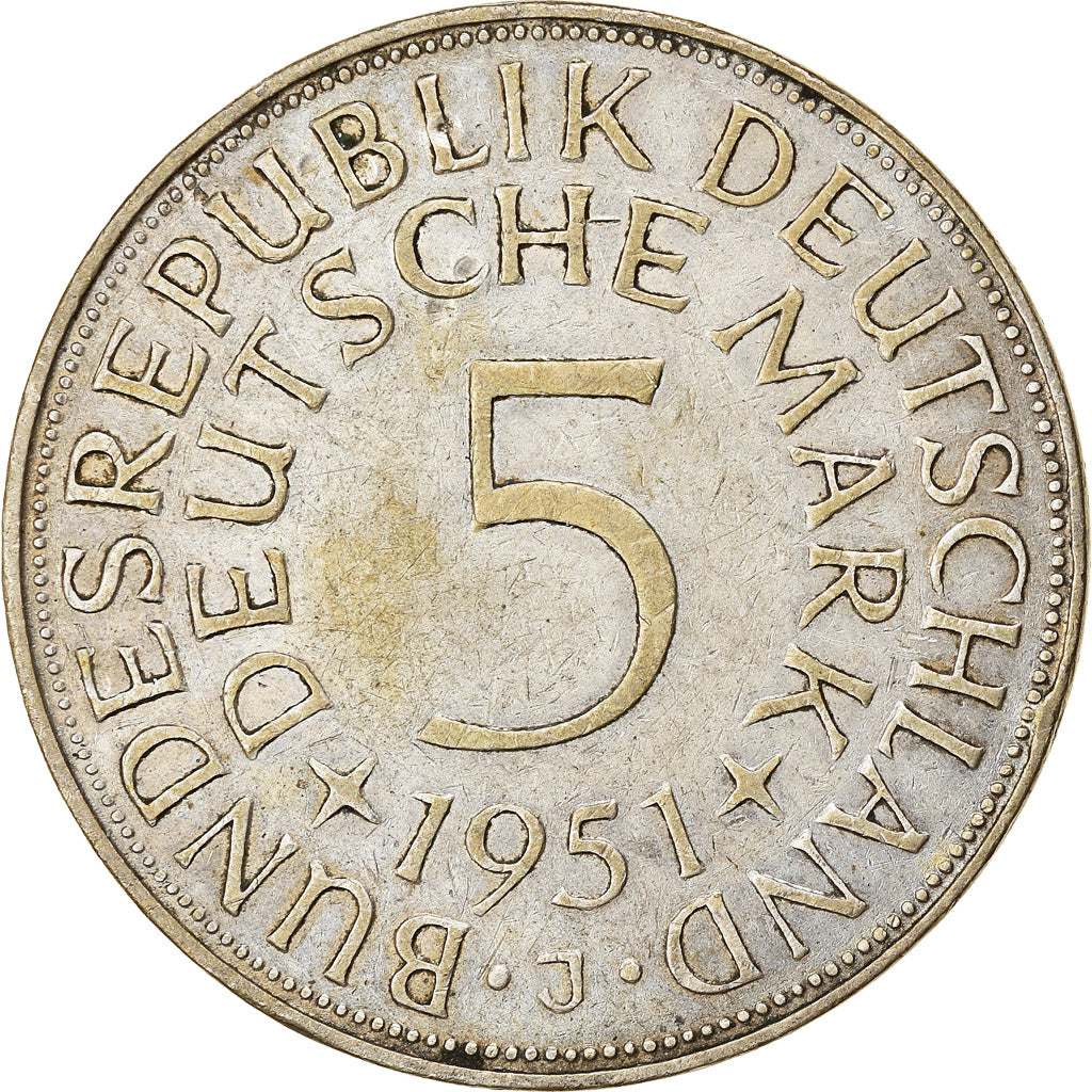 Coin, GERMANY - FEDERAL REPUBLIC, 5 Mark, 1951, Hambourg, EF(40-45), Silver