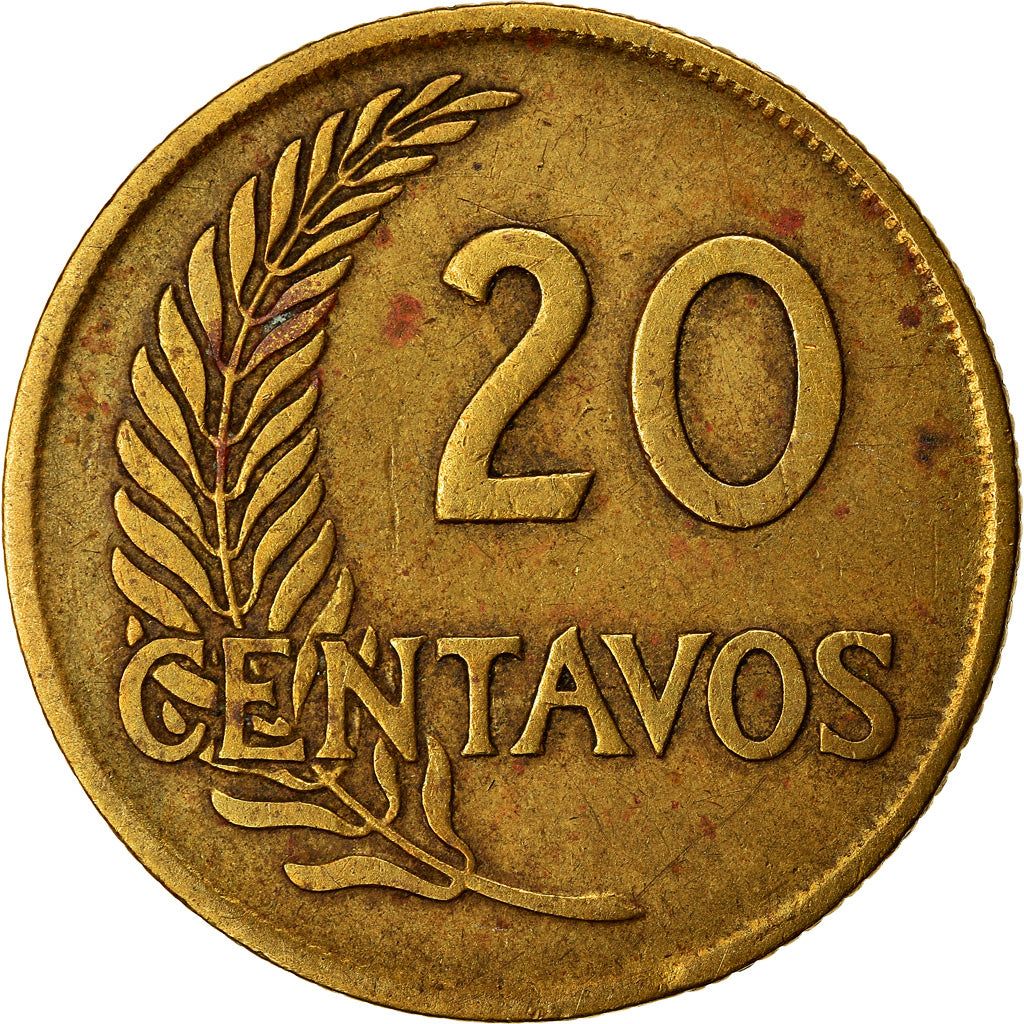 Moneta, Perù, 20 Centavos, 1953, MB, Ottone, KM:221.2b