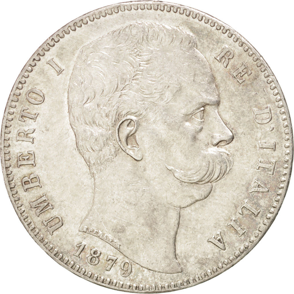 ITALY, 5 Lire, 1879, Rome, KM #20, AU(50-53), Silver, 25.00