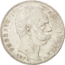 ITALY, 5 Lire, 1879, Rome, KM #20, AU(50-53), Silver, 25.00