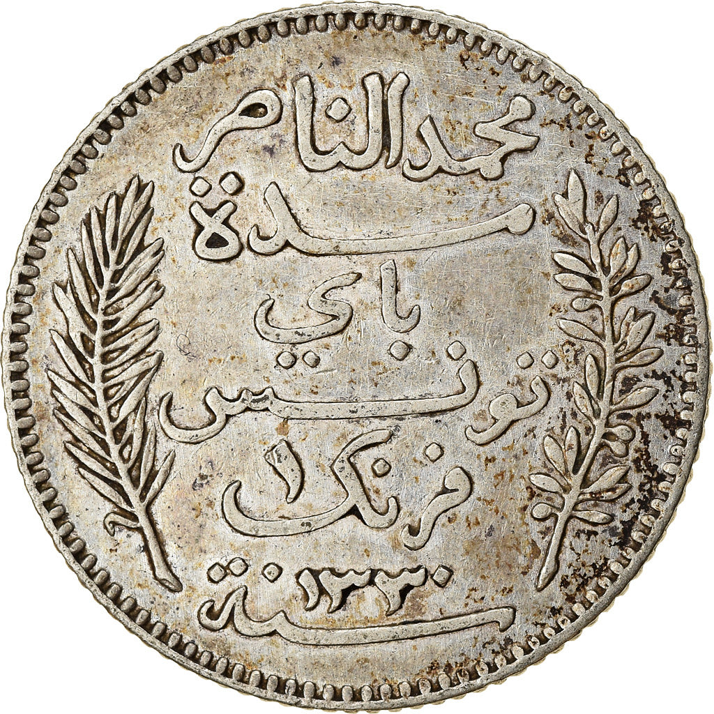 Moneta, Tunisia, Muhammad al-Nasir Bey, Franc, 1912, Paris, BB, Argento, KM:238