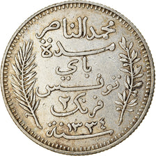 Monnaie, Tunisie, Muhammad al-Nasir Bey, 2 Francs, 1916/AH1334, Paris, TTB