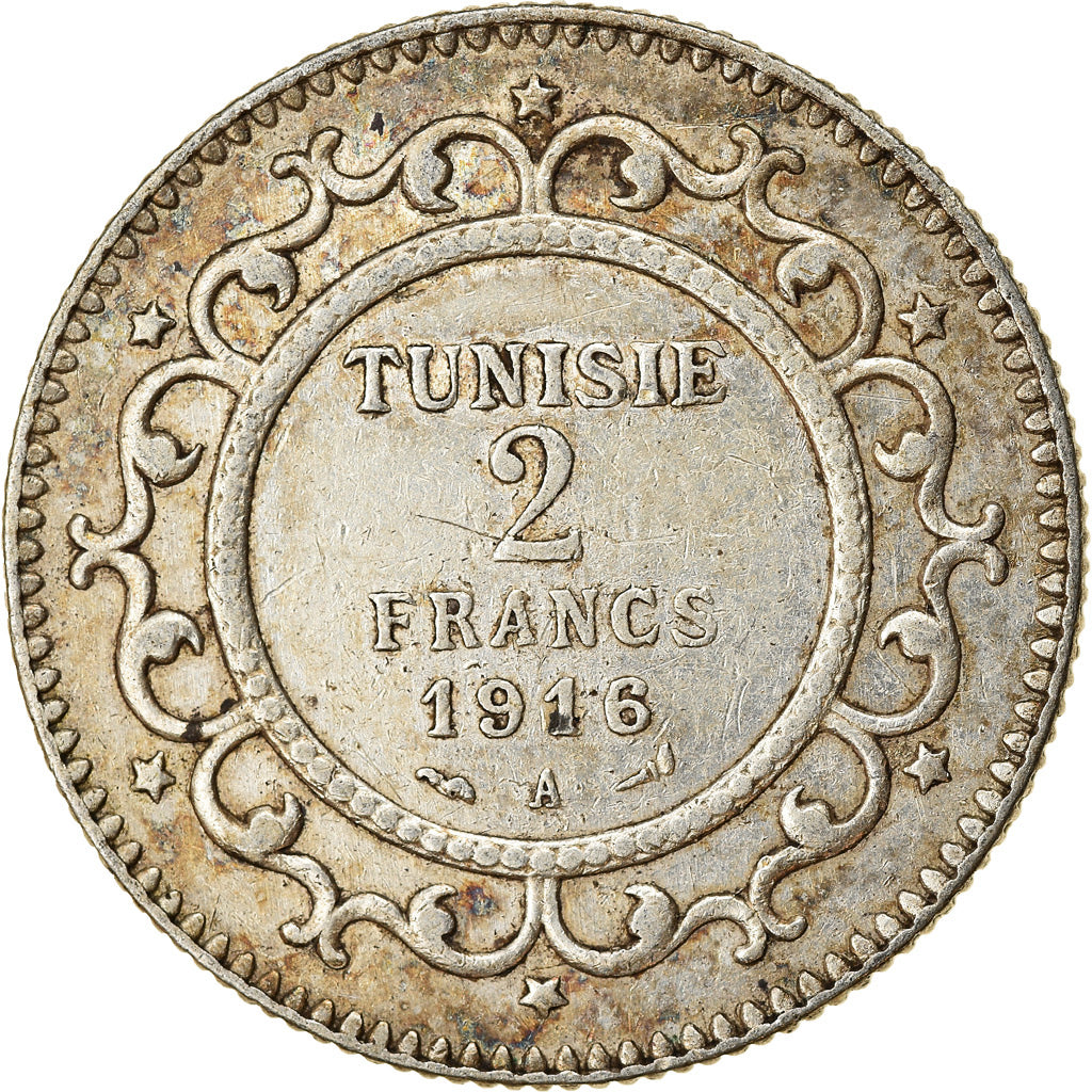 Monnaie, Tunisie, Muhammad al-Nasir Bey, 2 Francs, 1916/AH1334, Paris, TTB