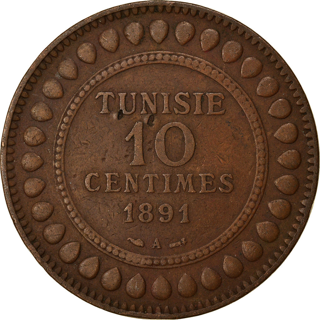 Moneta, Tunisia, Ali Bey, 10 Centimes, 1891, Paris, BB, Bronzo, KM:222