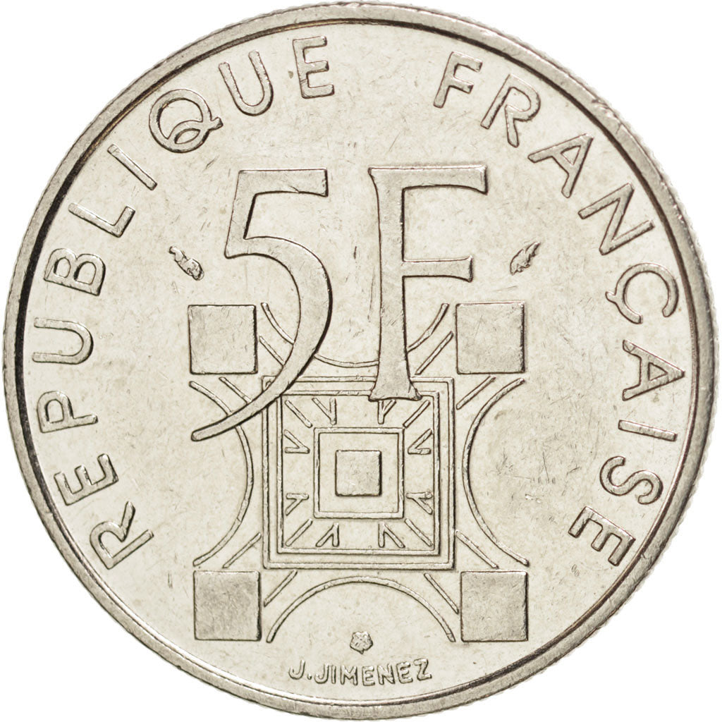 FRANCE, Tour Eiffel, 5 Francs, 1989, Paris, KM #968, AU(50-53), Nickel, 29,...