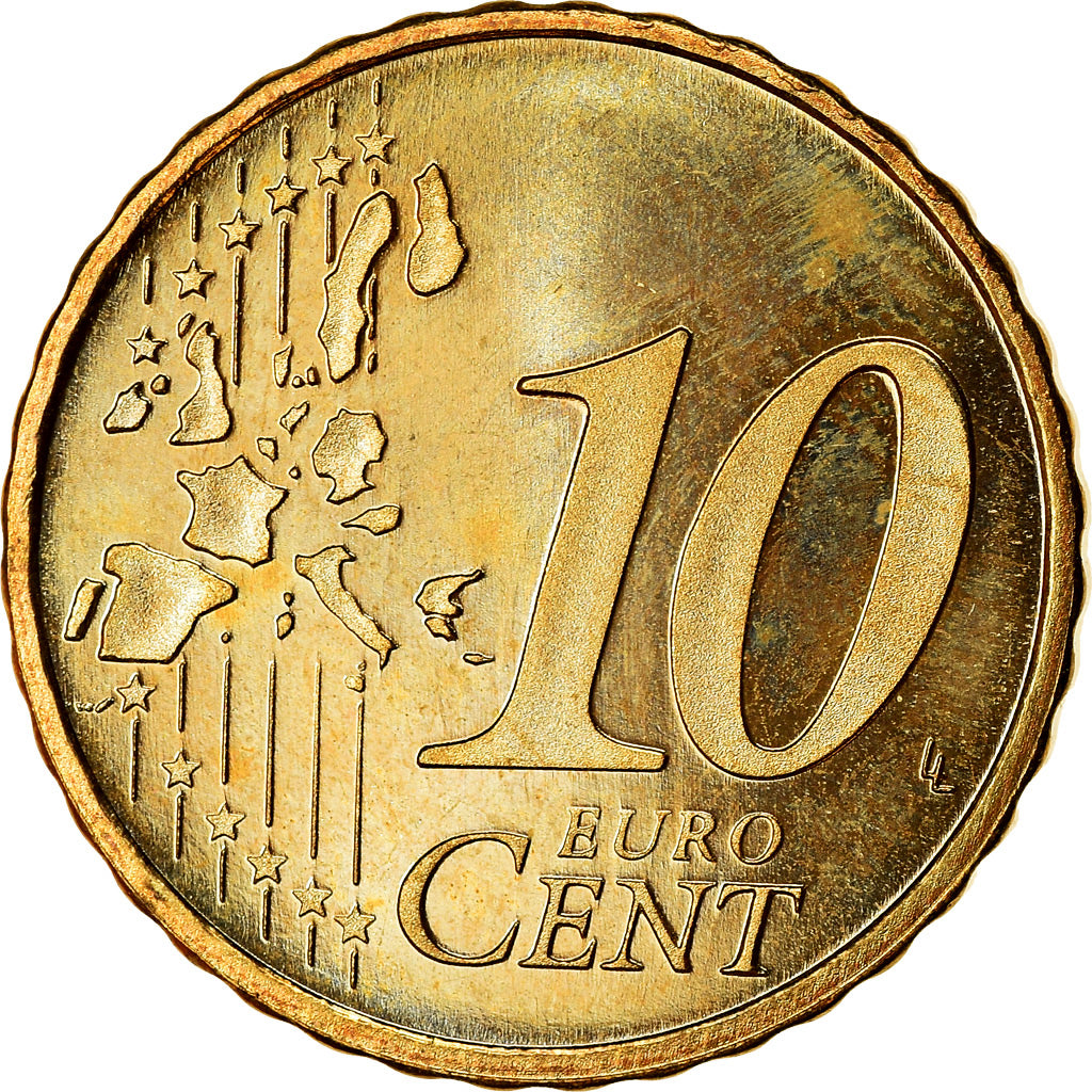 Países Baixos, 10 Euro Cent, 2002, EF(40-45), Latão, KM:237