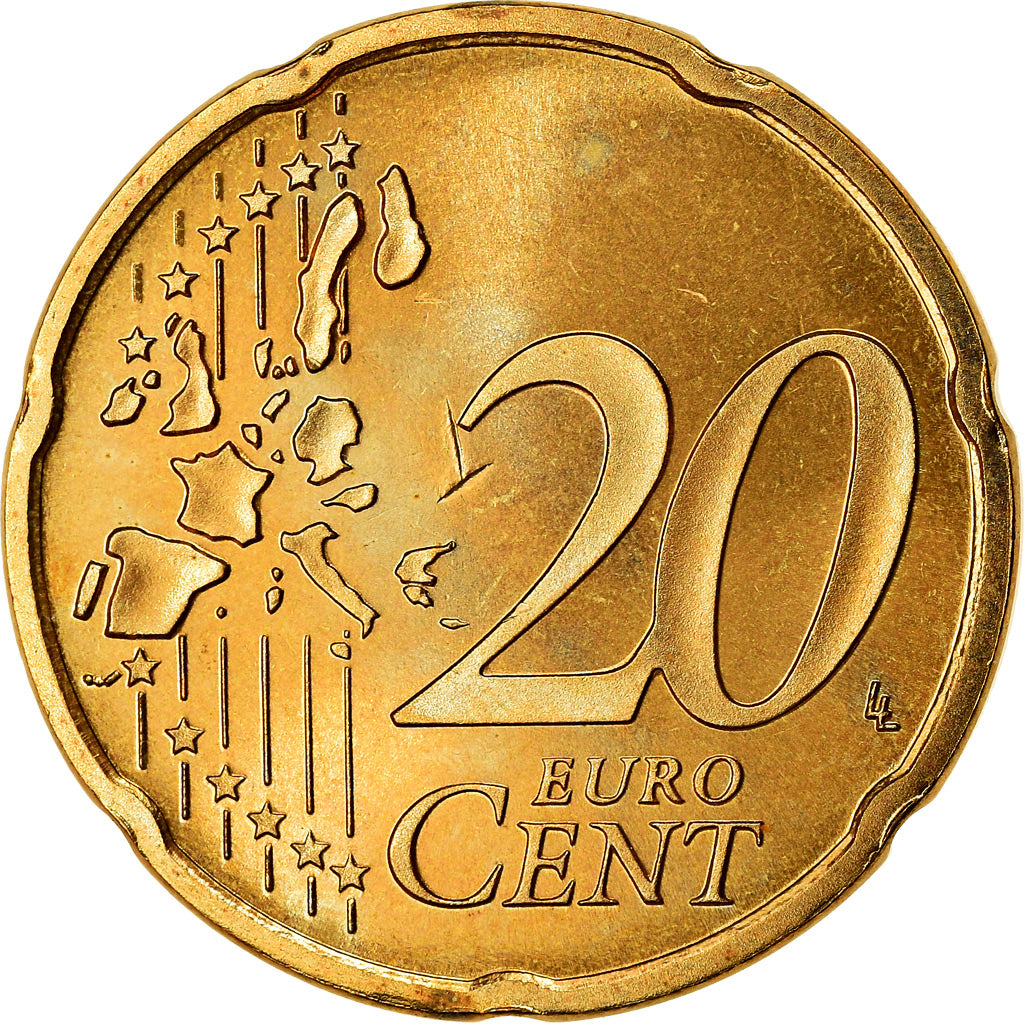 Países Bajos, 20 Euro Cent, 2004, MBC, Latón, KM:238