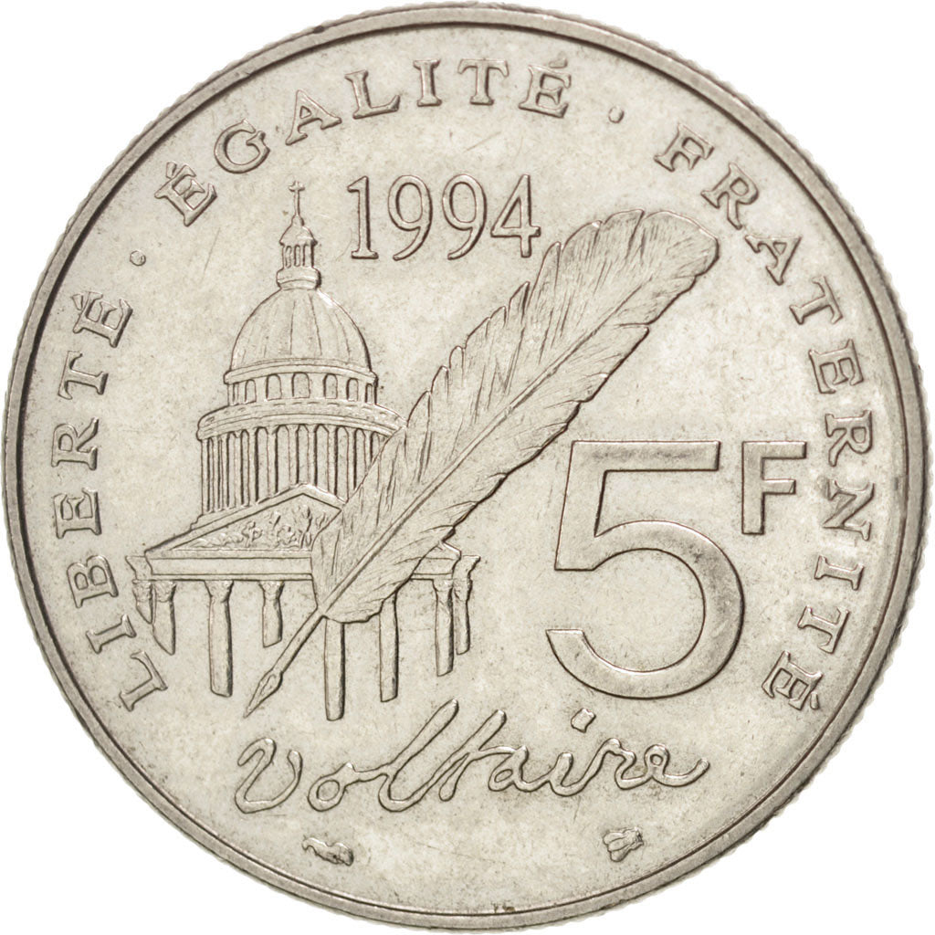 FRANCE, Voltaire, 5 Francs, 1994, Paris, KM #1063, AU(50-53), Nickel, 29,...
