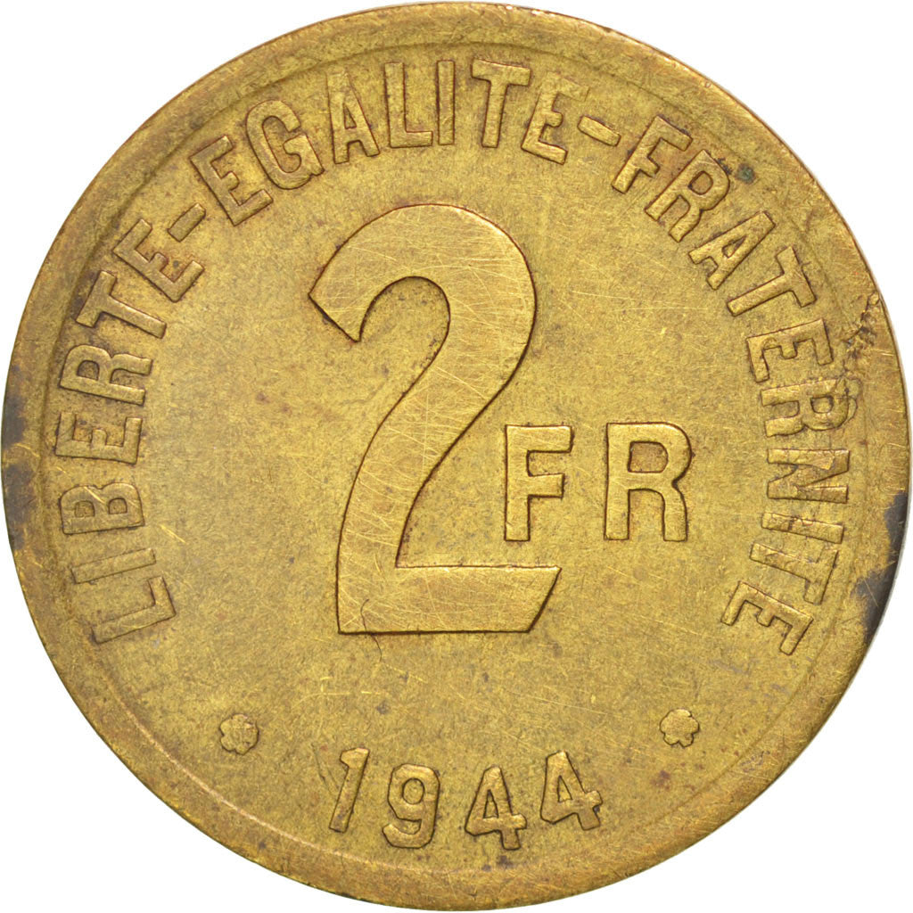 FRANCE, France Libre, 2 Francs, 1944, Philadelphia, KM #905, EF(40-45), Brass,..