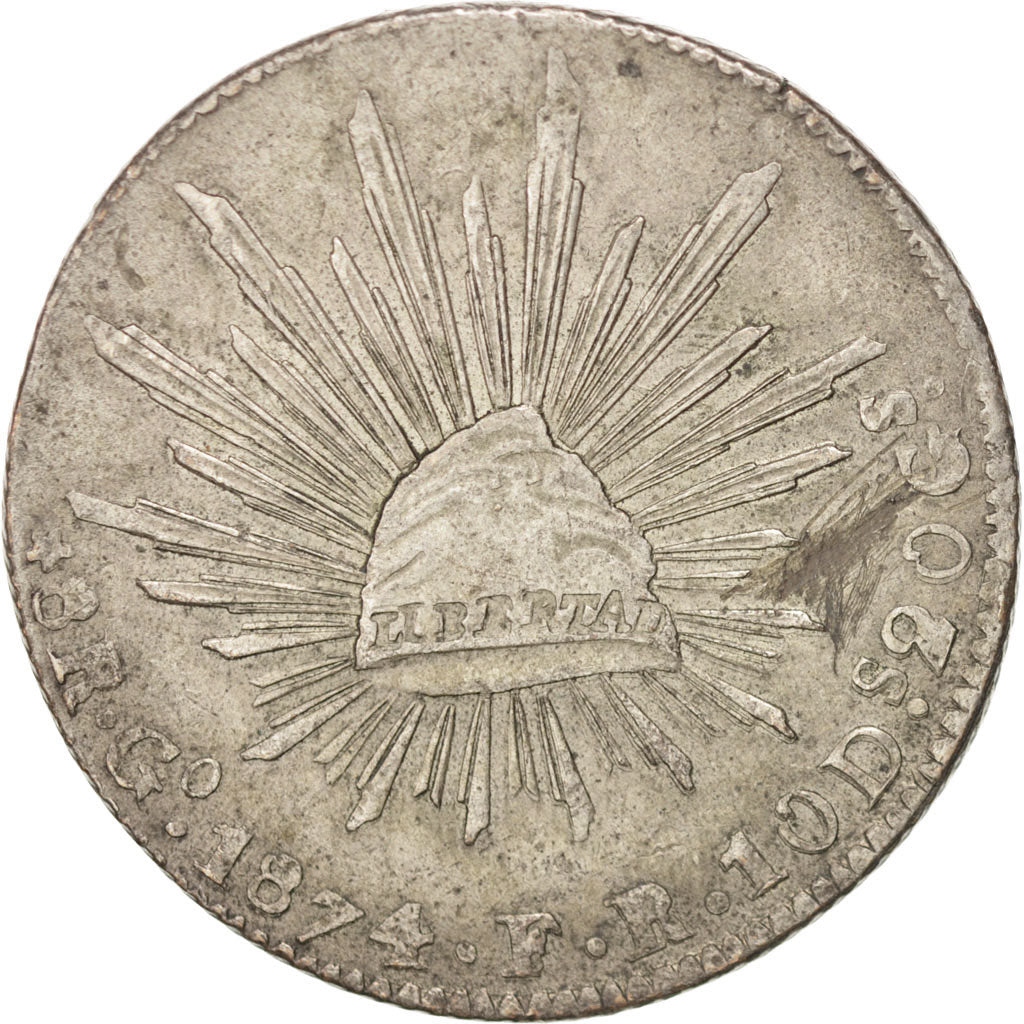 MEXICO, 8 Reales, 1874, Guanajuato, KM #377.8, AU(50-53), Silver, 22.61