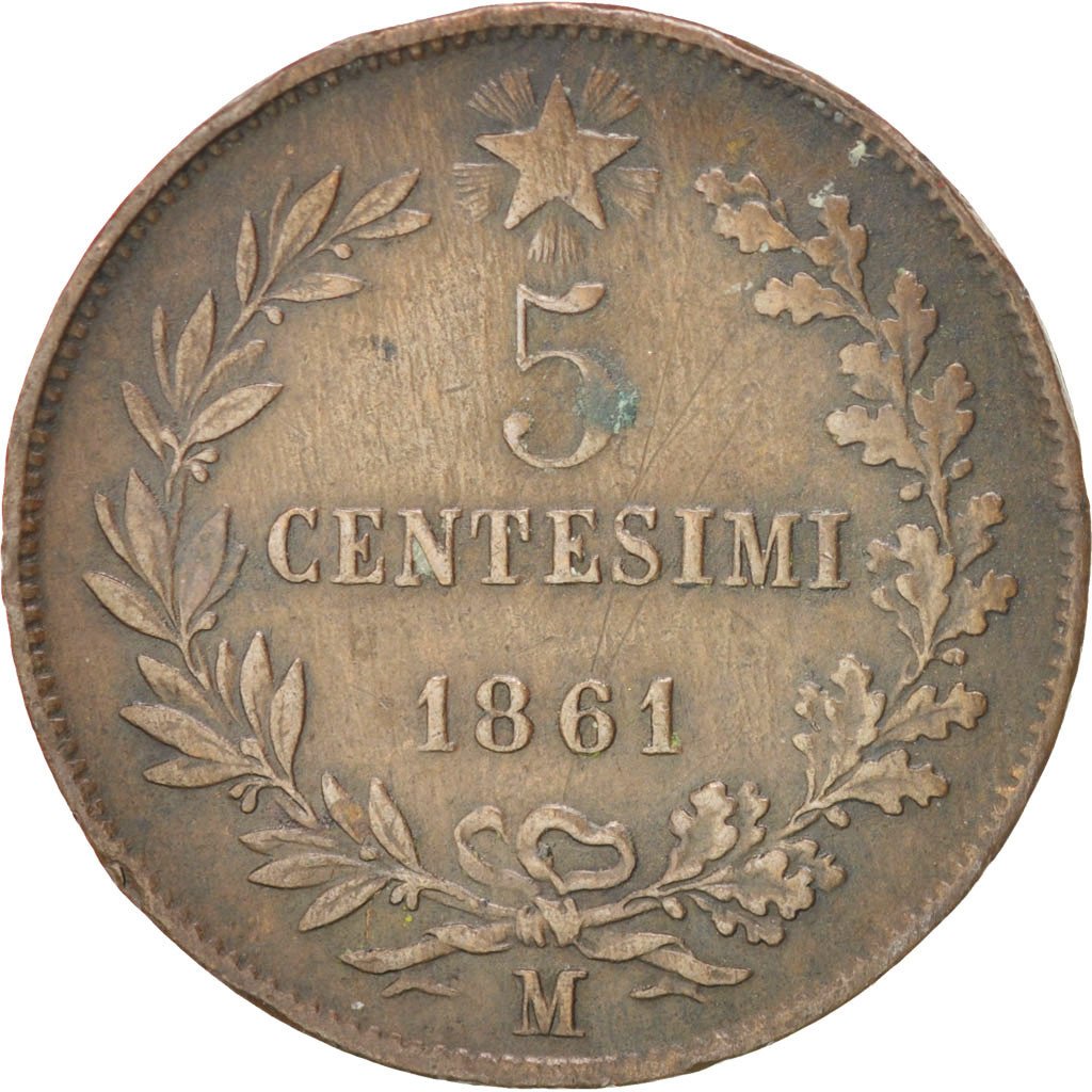 ITALY, 5 Centesimi, 1861, Milan, KM #3.2, VF(30-35), Copper, 25.1, 4.79