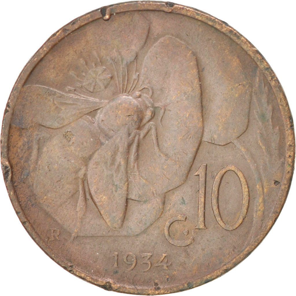 ITALY, 10 Centesimi, 1934, Rome, KM #60, VF(30-35), Bronze, 23, 5.36