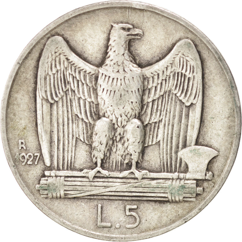 ITALY, 5 Lire, 1927, Rome, KM #67.2, VF(30-35), Silver, 23, 4.92