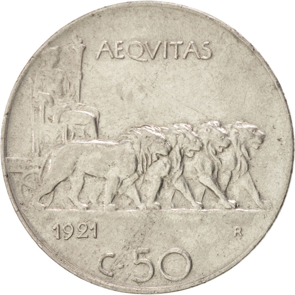 ITALY, 50 Centesimi, 1921, Rome, KM #61.1, AU(50-53), Nickel, 24, 5.89