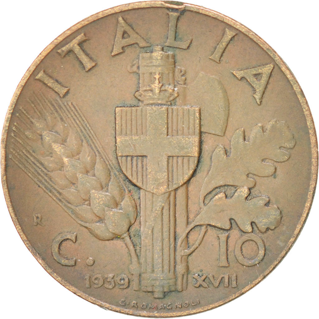 ITALY, 10 Centesimi, 1939, Rome, KM #74, EF(40-45), Copper, 23, 5.54