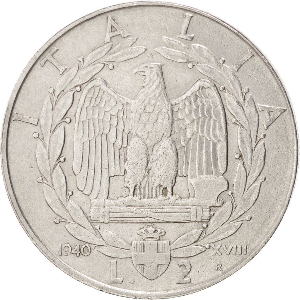 ITALY, 2 Lire, 1940, Rome, KM #78b, AU(50-53), Stainless Steel, 29, 10.16