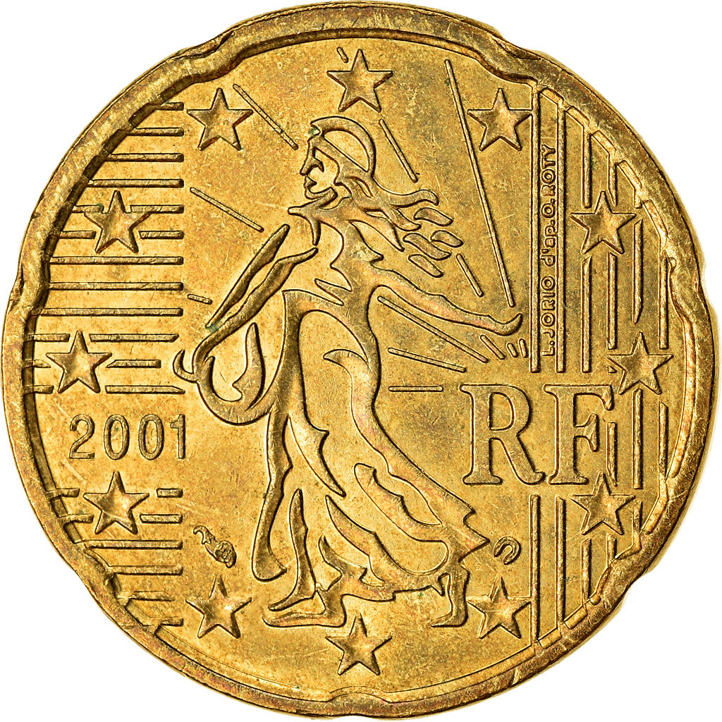 Francja, 20 Euro Cent, 2001, Paris, AU(55-58), Mosiądz, KM:1286
