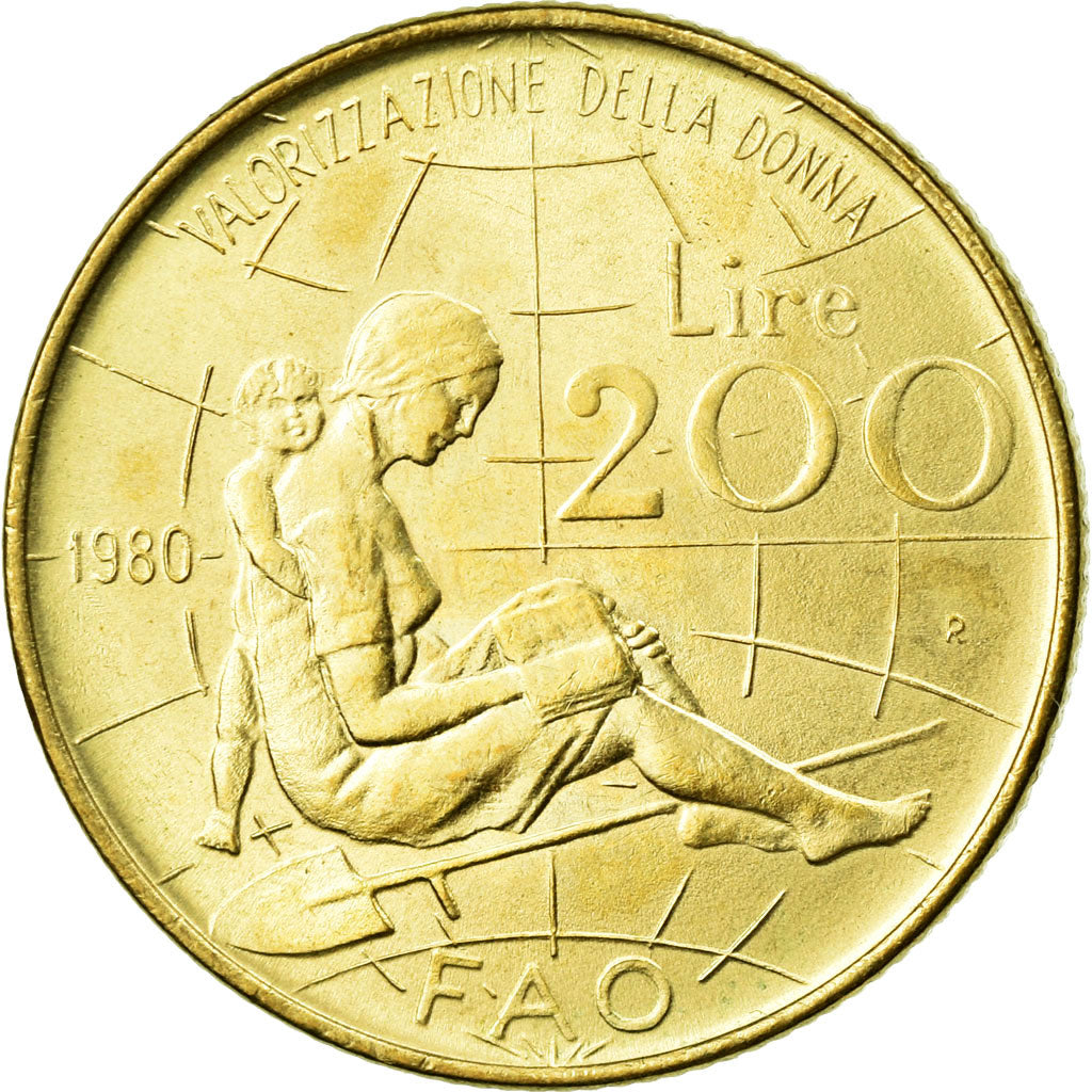 Coin, Italy, 200 Lire, 1980, Rome, MS(60-62), Aluminum-Bronze, KM:107