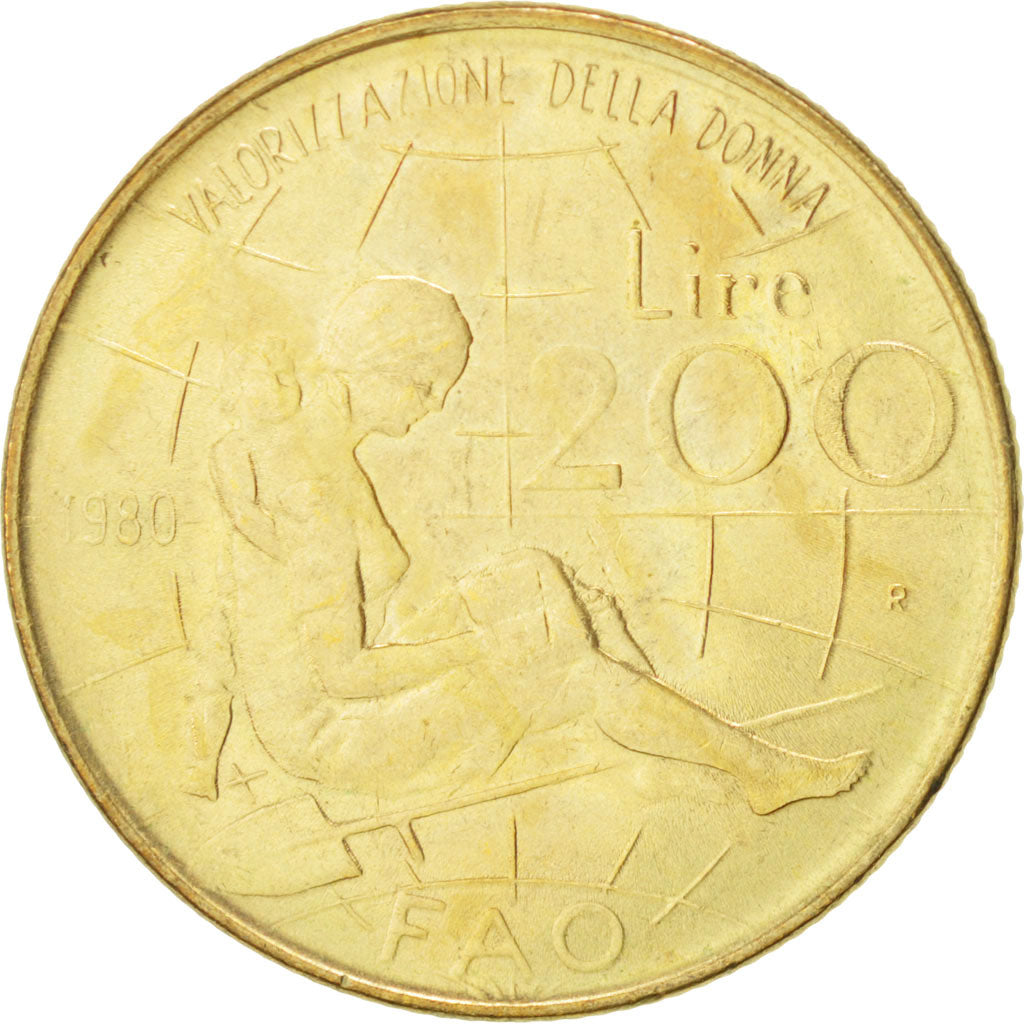 Coin, Italy, 200 Lire, 1980, Rome, MS(60-62), Aluminum-Bronze, KM:107