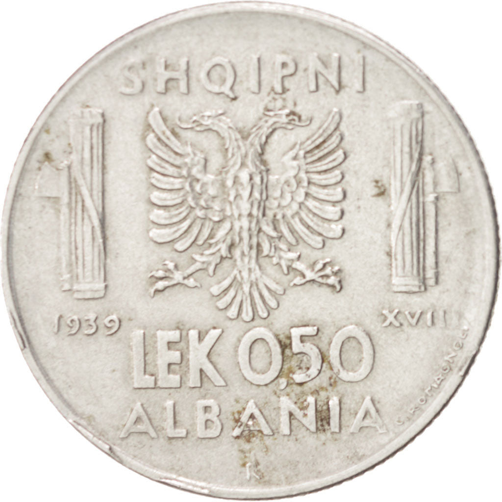 ALBANIA, 0.50 Lek, 1939, Rome, KM #30, EF(40-45), Stainless Steel, 5.95