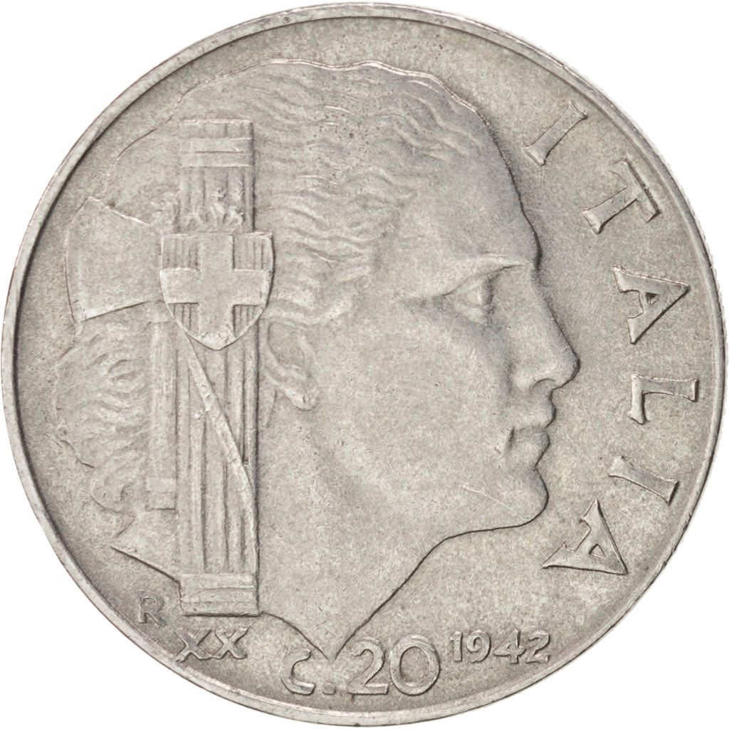 ITALY, 20 Centesimi, 1942, Rome, KM #75a, EF(40-45), Stainless Steel, 22.5, 4.06