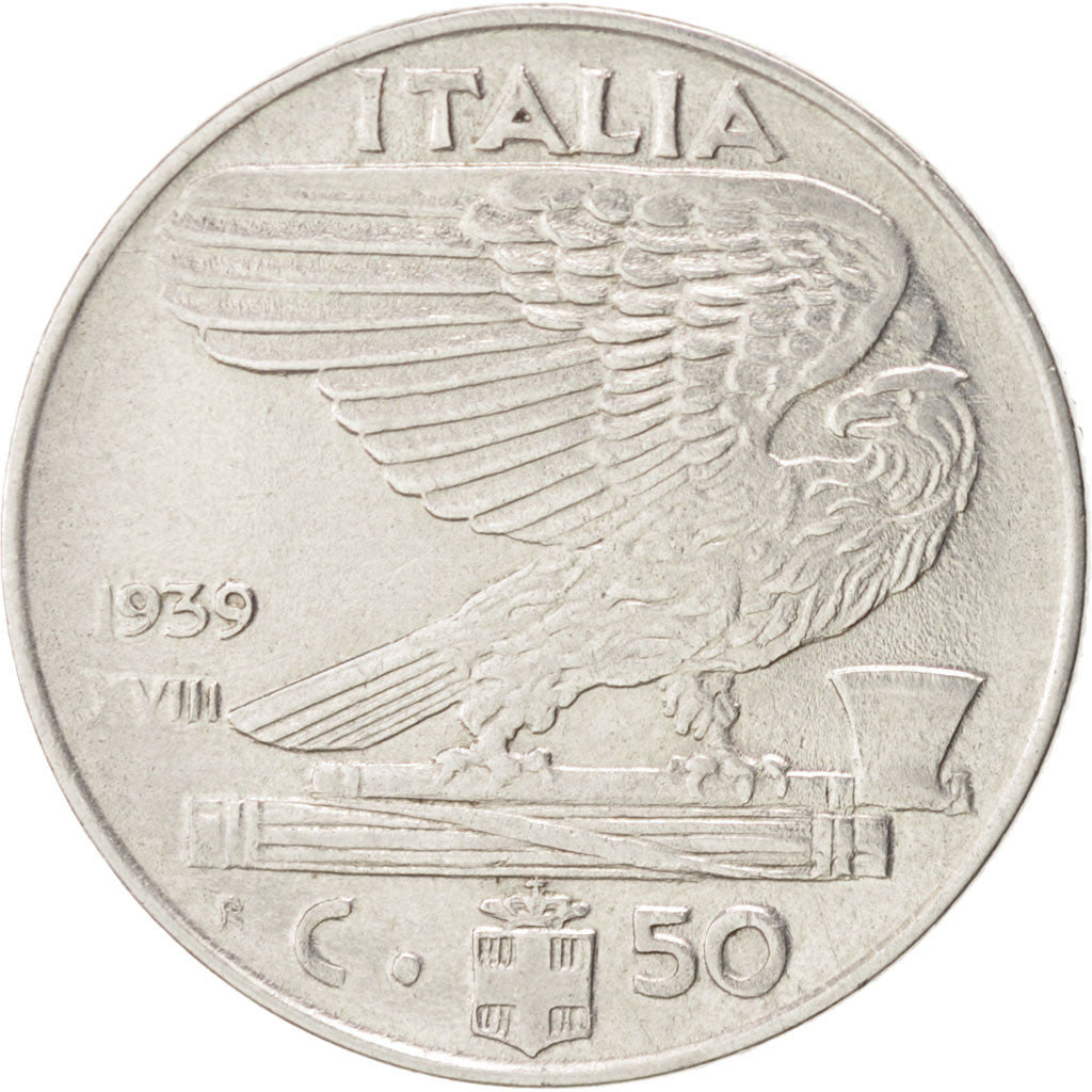 ITALY, 50 Centesimi, 1939, Rome, KM #76a, AU(50-53), Stainless Steel, 24, 6.21