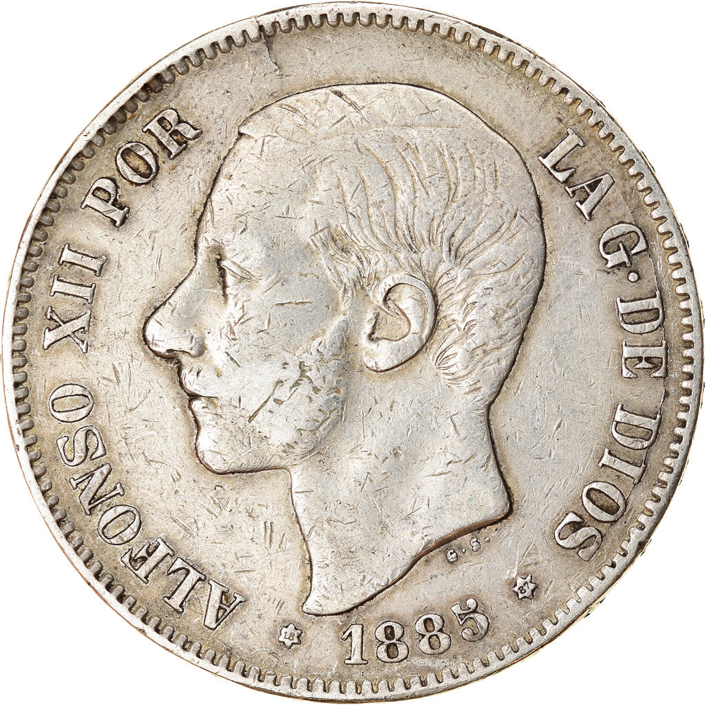 Munten, Spanje, Alfonso XII, 5 Pesetas, 1885, Madrid, ZF, Zilver, KM:688