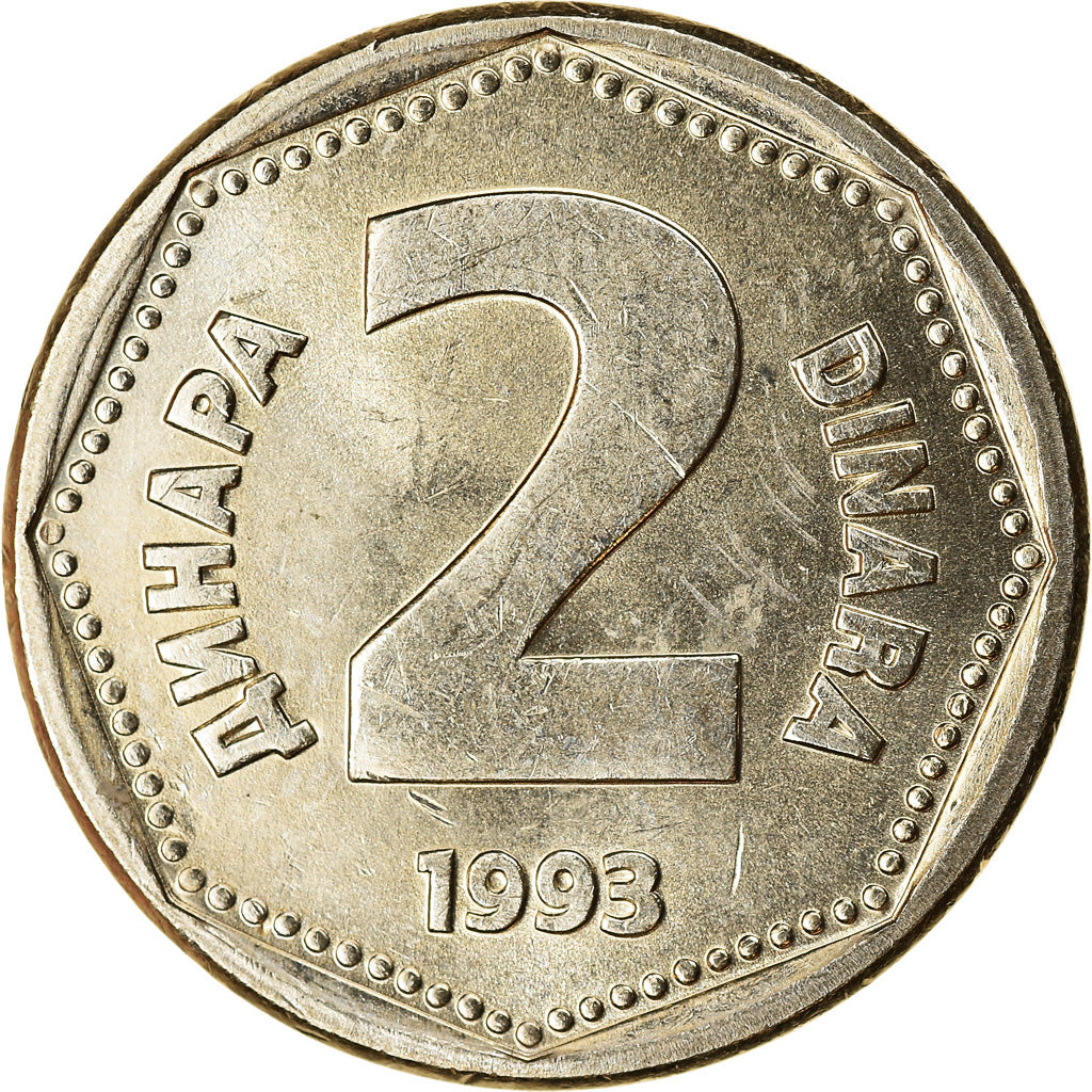 Coin, Yugoslavia, 2 Dinara, 1993, MS(63), Copper-Nickel-Zinc, KM:155