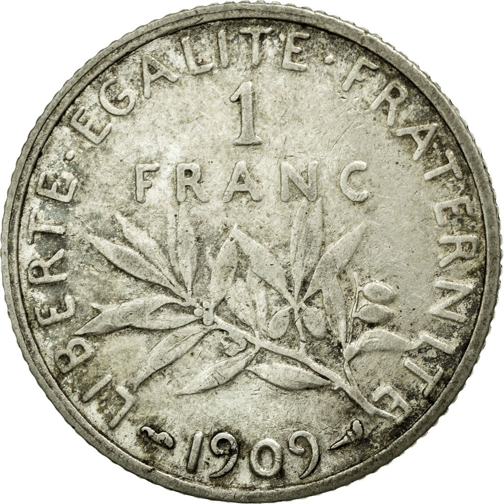 Moneda, Francia, Semeuse, Franc, 1909, BC+, Plata, KM:844.1, Gadoury:467