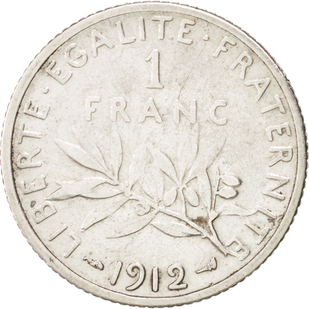 FRANCE, Semeuse, Franc, 1912, Paris, KM #844.1, VF(30-35), Silver, 23, Gadoury..