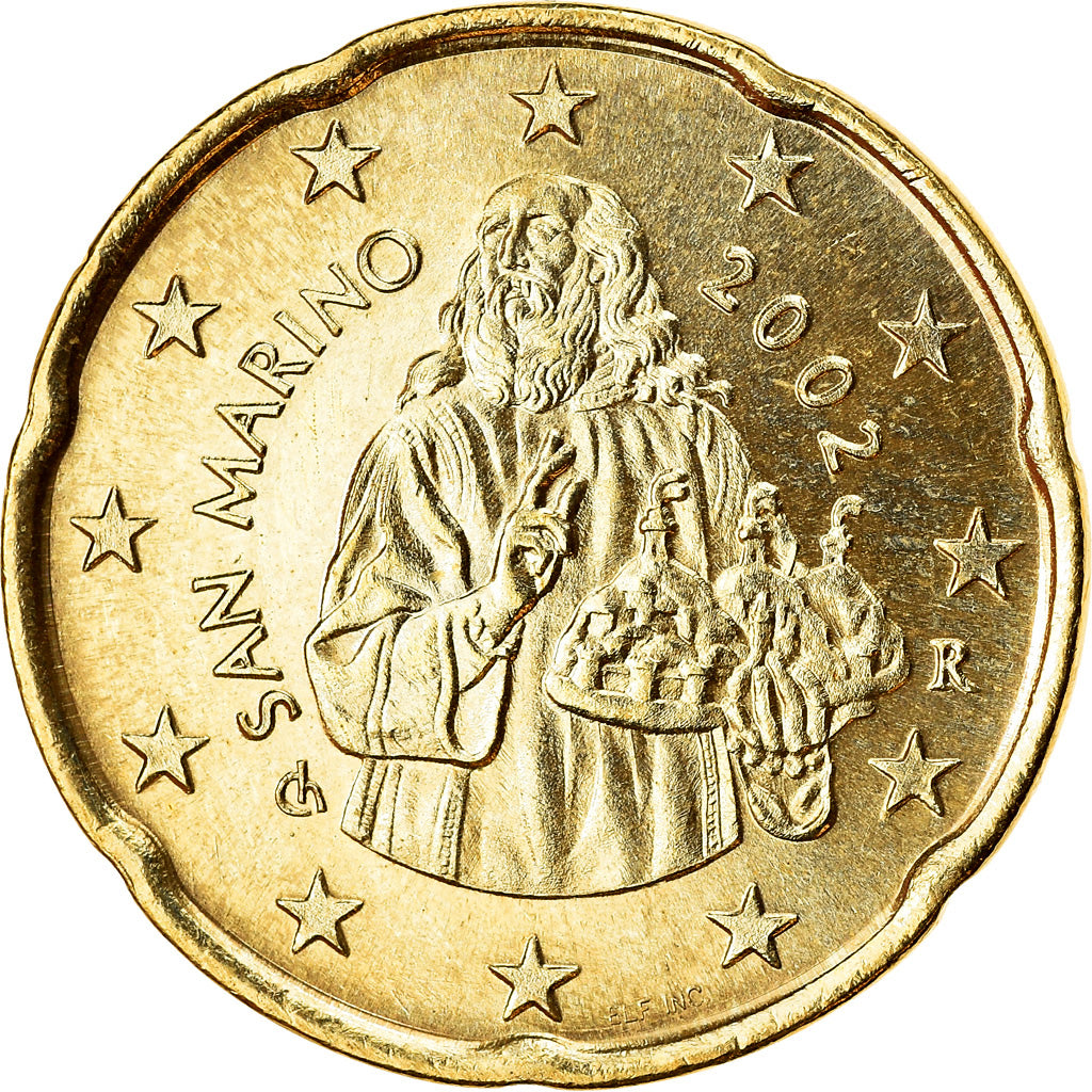 San Marino, 20 Euro Cent, 2002, MS(65-70), Brass, KM:444