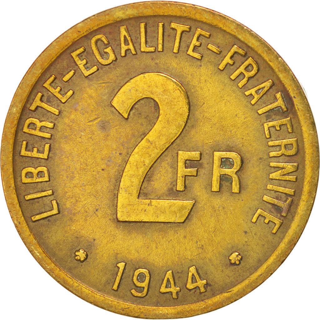 FRANCE, France Libre, 2 Francs, 1944, Philadelphia, KM #905, VF(30-35), Brass,..