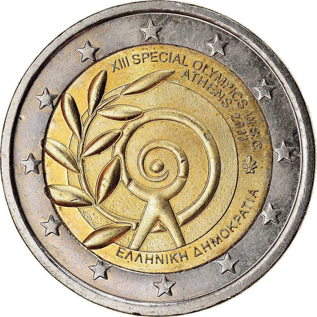 Grécia, 2 Euro, Special Olympics - Athens, 2011, AU(55-58), Bimetálico, KM:239