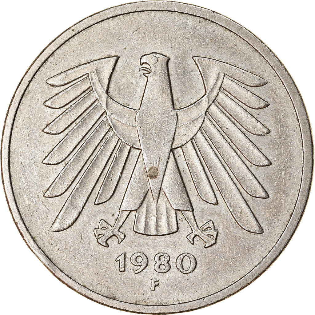 Moneta, GERMANIA - REPUBBLICA FEDERALE, 5 Mark, 1980, Stuttgart, BB, Nichel
